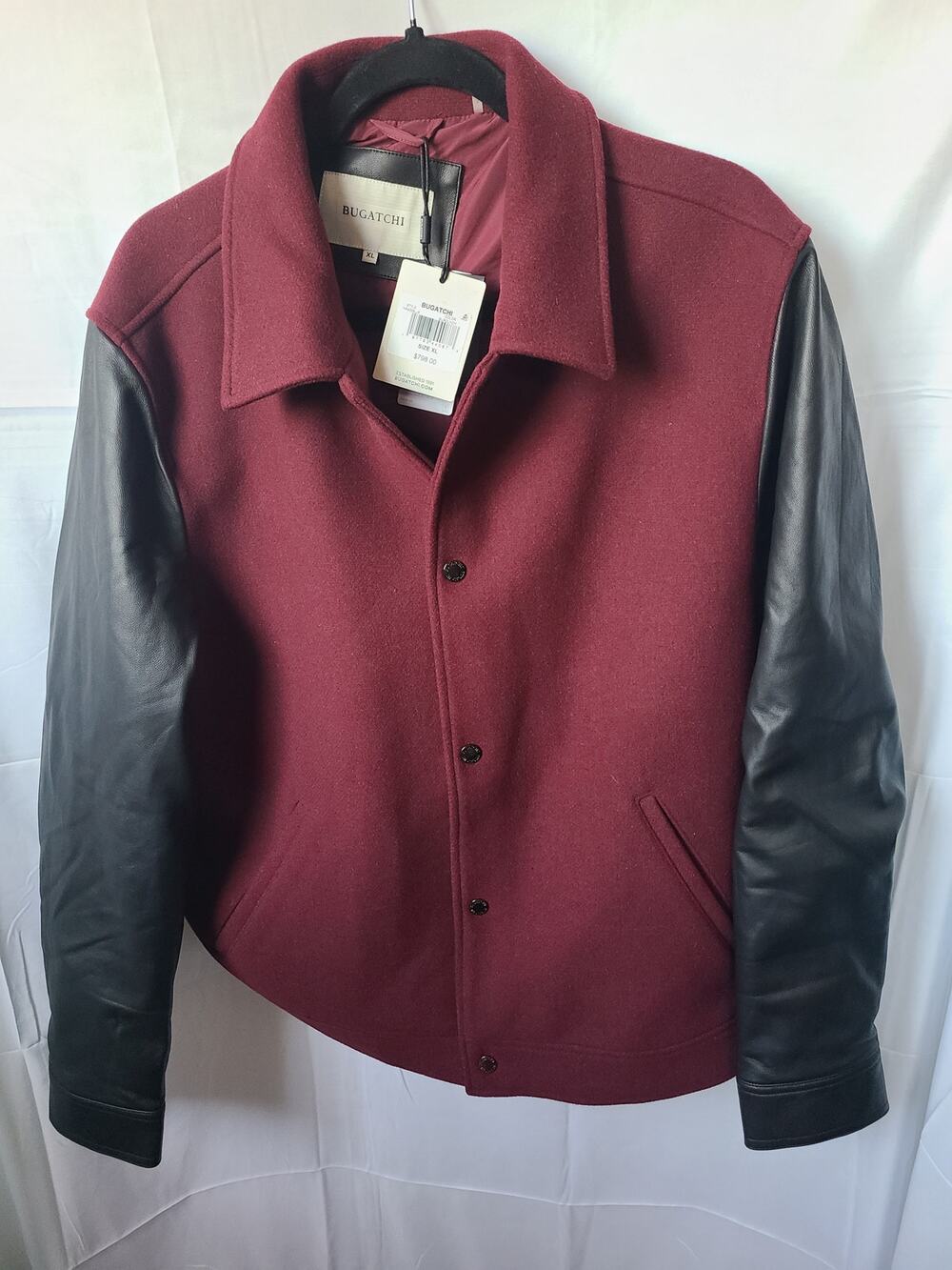 BUGATCHI Men's Burgundy & Black Leather Sleeve Jacket – XL